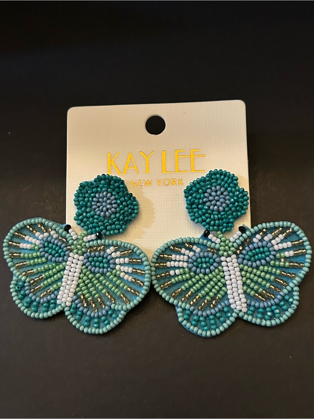 Kay Lee Teal, Blue, Green & White Handmade Beaded Butterfly 🦋 Earrings NWT